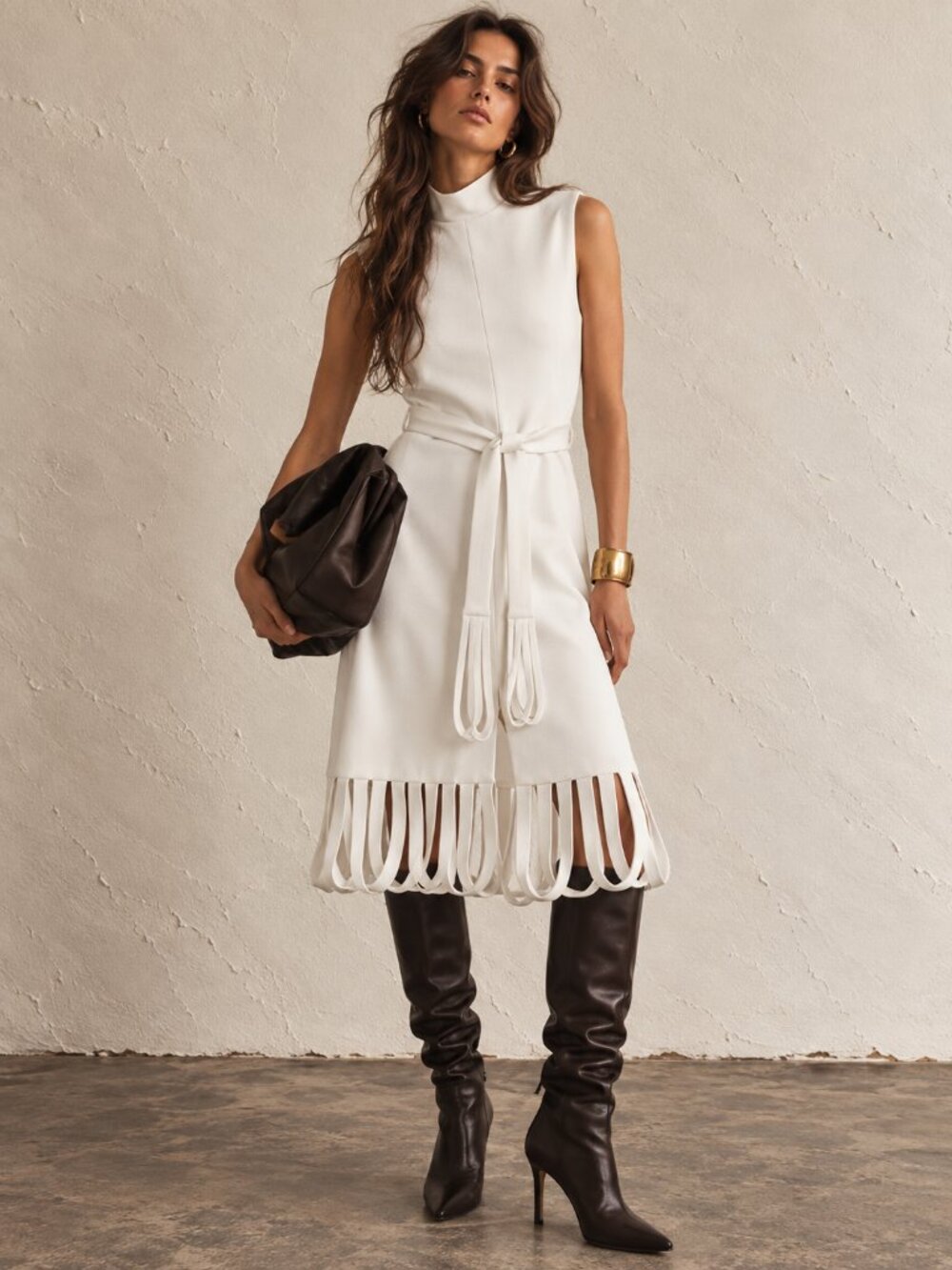 Vintage 60s Designer White Sleeveless Midi Dress with Tie Belt and Fringe